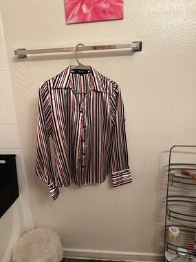 Kasper Vertical Stripe Button-Down Shirt in Red, Black & White